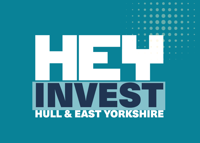 “Teal promotional graphic with large white text ‘HEY’ above ‘INVEST’ in dark blue, and smaller text ‘Hull & East Yorkshire’ underneath, with a dotted pattern design in the top right.